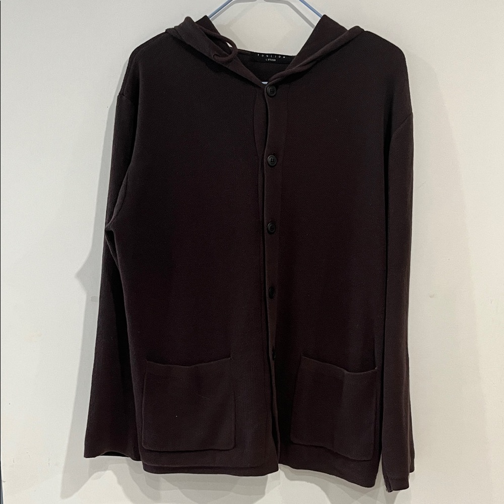 Button-Front Hooded Cardigan in Dark Brown